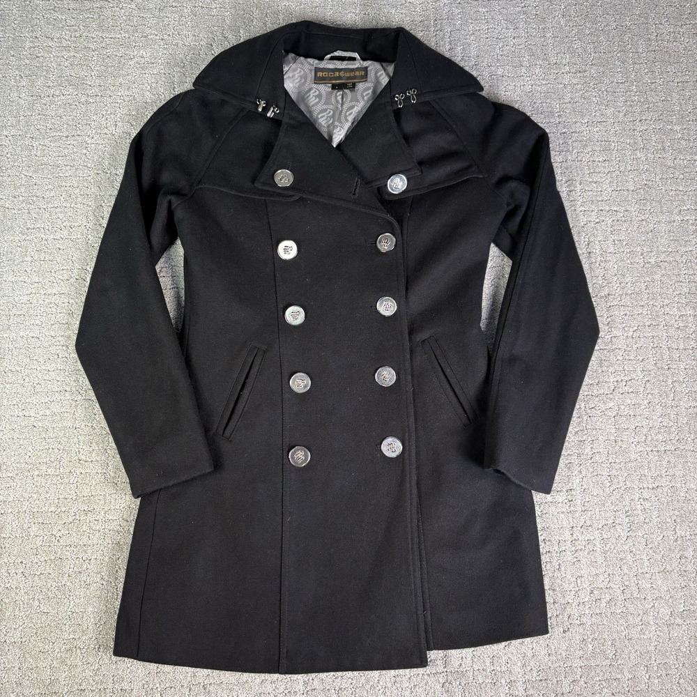 VTG Rocawear Y2K Double Breasted Black Pea Coat Metallic Logo Button Women Small
